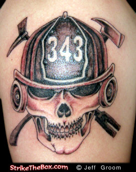 skull tattoo with leather fire helmet, 343 on paul conway shield