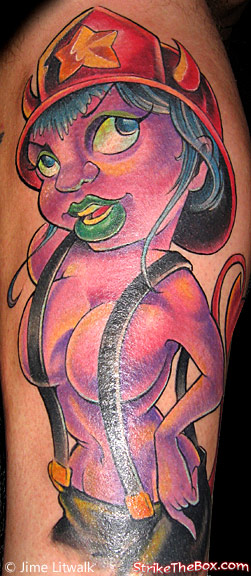 firefighter pinup tattoo inked by Jime Litwalk
