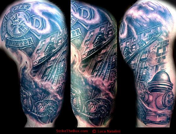 tattoo of fire scene with steamer engine