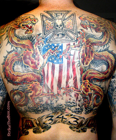 full back 9/11 firefighger tribute tattoo. World Trade Center memorial tattoo