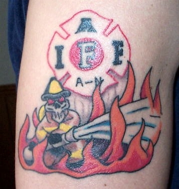 iaff logo with skeleton firefighter in flames tattoo