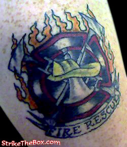 firefighter tattoo of maltese cross with fire rescue banner