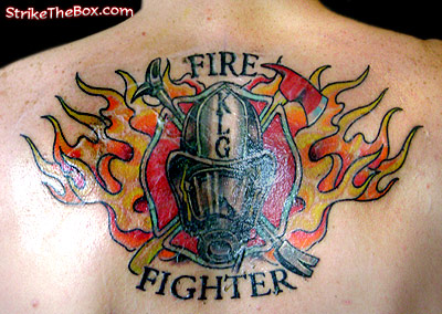 firefighter with irons over maltese cross with scba tattoo