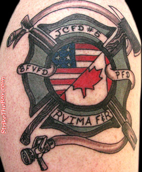 maltese cross tattoo with fire hose & irons