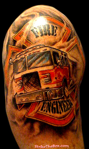firefighter tattoo maltese cross with fire truck