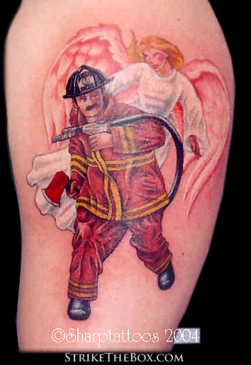 firefighter with protecting angel tattoo