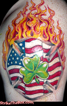 patriotic firefighter tattoo with shamrock