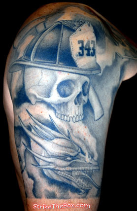 firefighter skull tattoo with dragon half sleeve